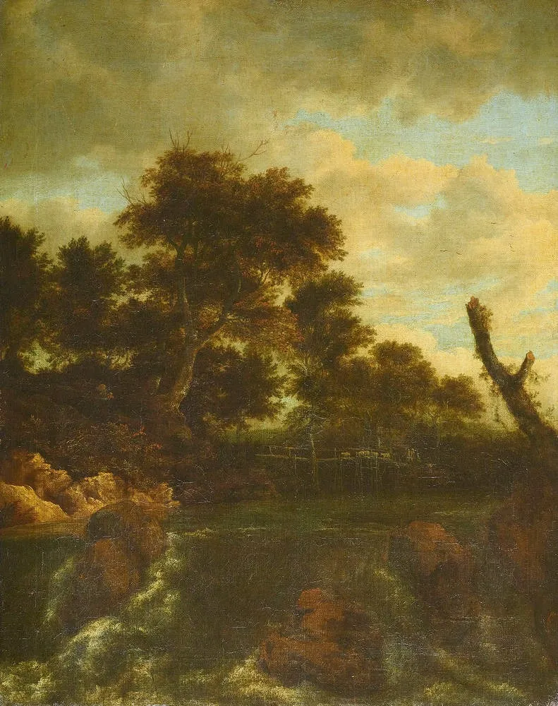 A waterfall with a wooden bridge, by Jacob van Ruisdael, oil, 1670