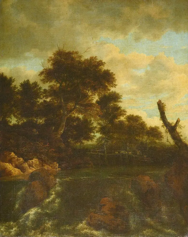 A waterfall with a wooden bridge