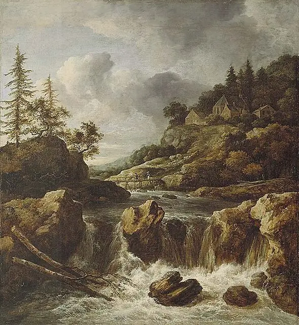 A Waterfall with village, footbridge and pine trees