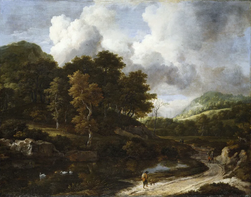 A wooded landscape, by Jacob van Ruisdael, oil, 1662