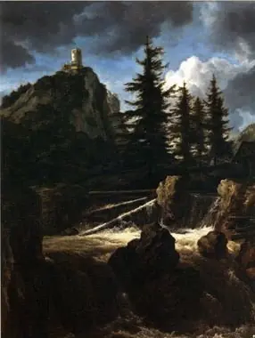 Castle on a Mountain with a Waterfall and Pine trees