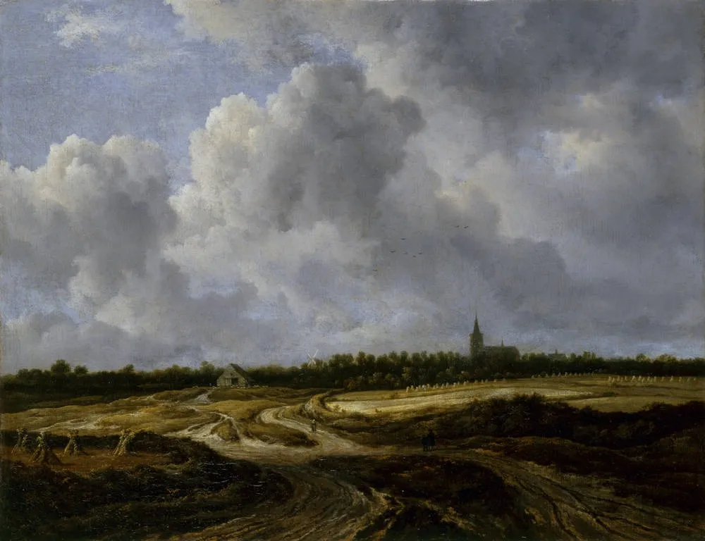 Extensive field landscape with a track and a church in the distance, by Jacob van Ruisdael, oil, 1650