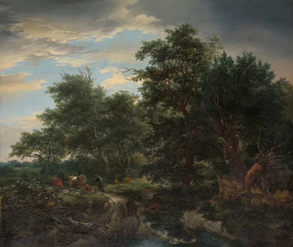 Forest scene, by Jacob van Ruisdael, oil, 1653