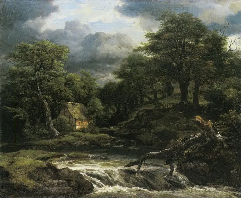 Hilly wooded landscape with a half-timbered house by a water fall