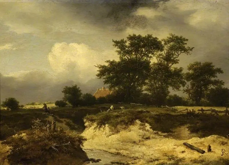 Landscape, a brook and farm-house among trees, by Jacob van Ruisdael