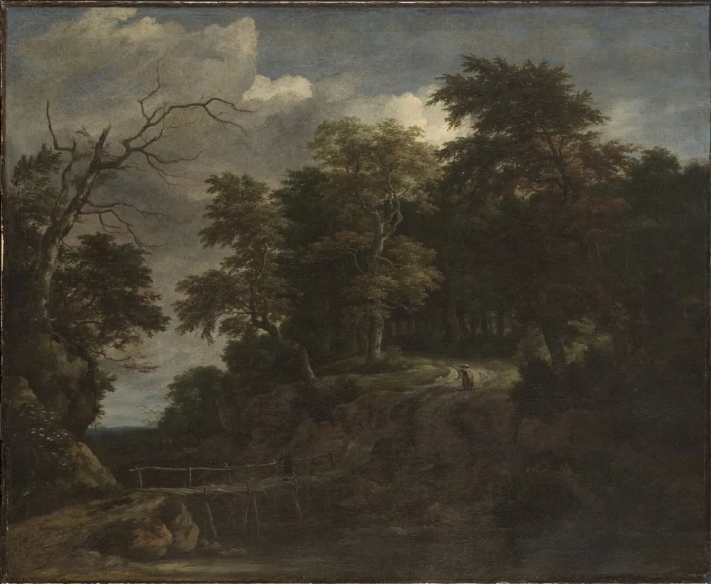 Landscape of a Forest with a Wooden Bridge, by Jacob van Ruisdael, oil, 1670