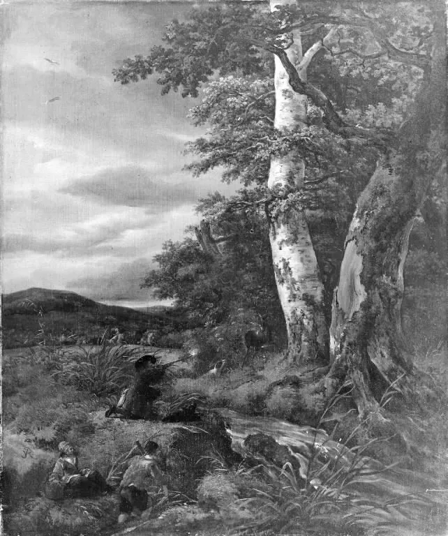 Landscape with a Hunting Scene, by Jacob van Ruisdael, oil, 1670