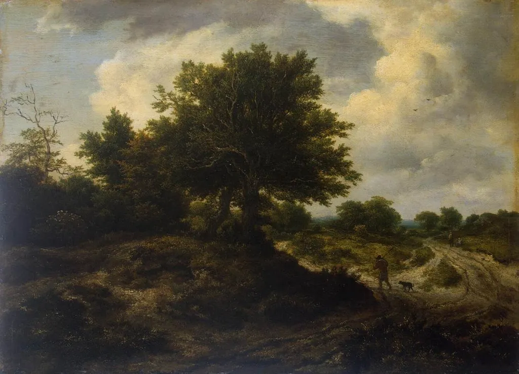 Landscape with a Traveller, by Jacob van Ruisdael, oil, 1650