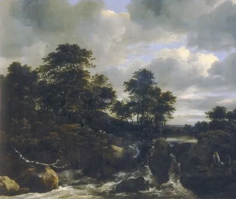 Landscape with a Waterfall, by Jacob van Ruisdael, oil, 1670