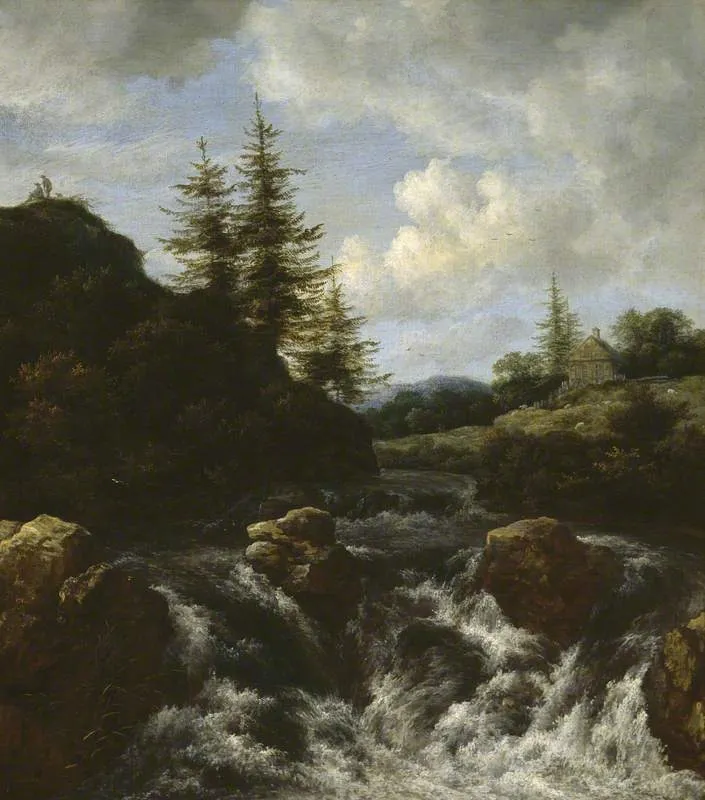 Landscape with a Waterfall, by Jacob van Ruisdael, oil, 1655