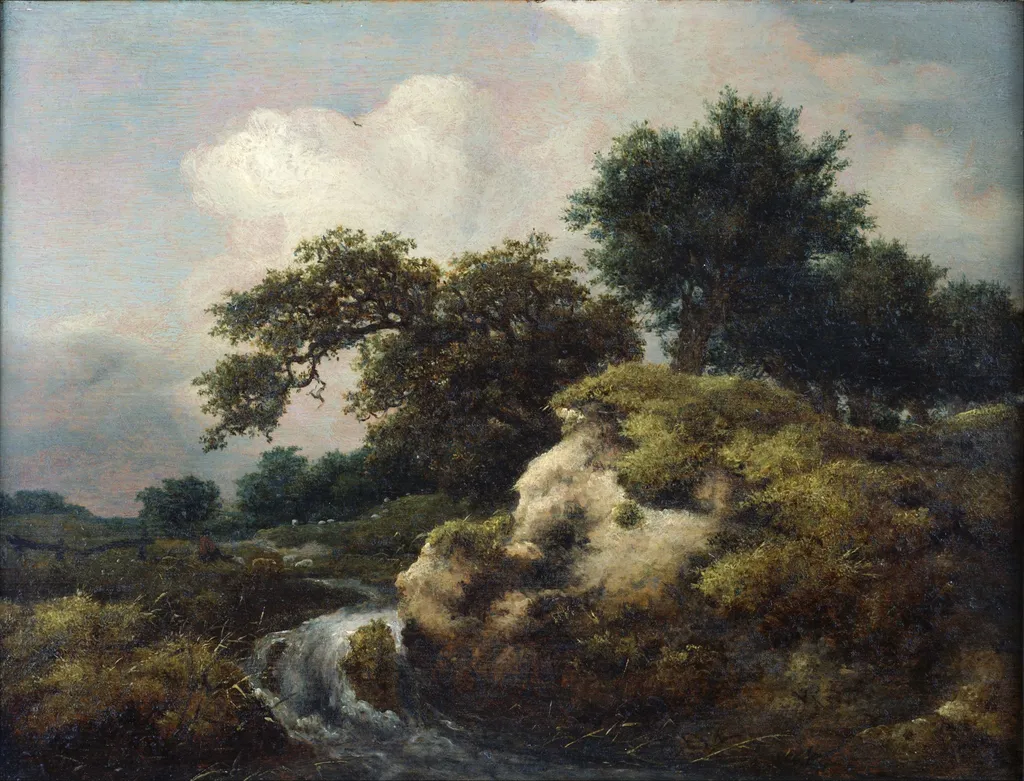 Landscape with Dune and Small Waterfall, by Jacob van Ruisdael, oil, 1663
