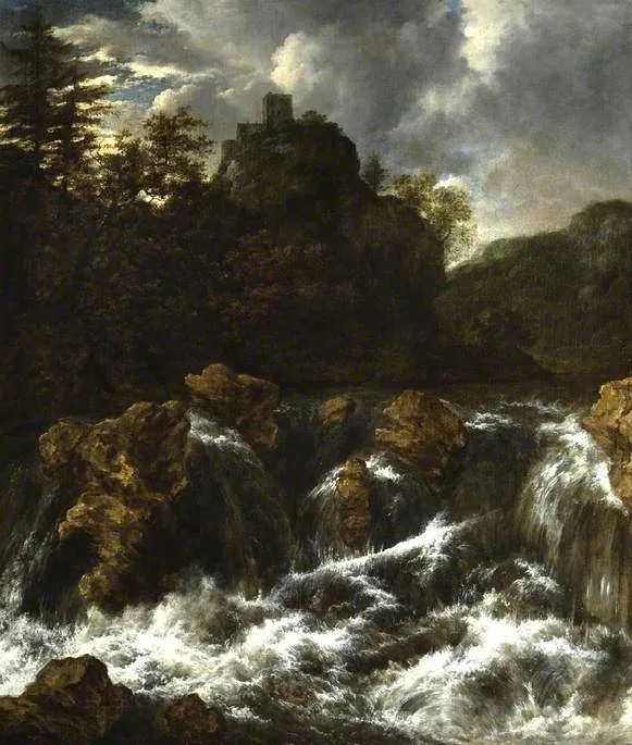 Landscape with waterfall, by Jacob van Ruisdael, oil, 1660