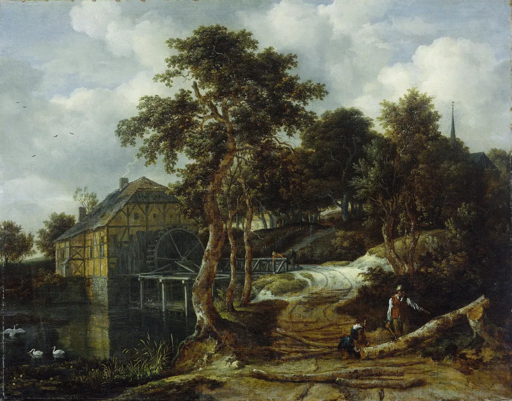 Landscape with watermill, by Jacob van Ruisdael, oil, 1661
