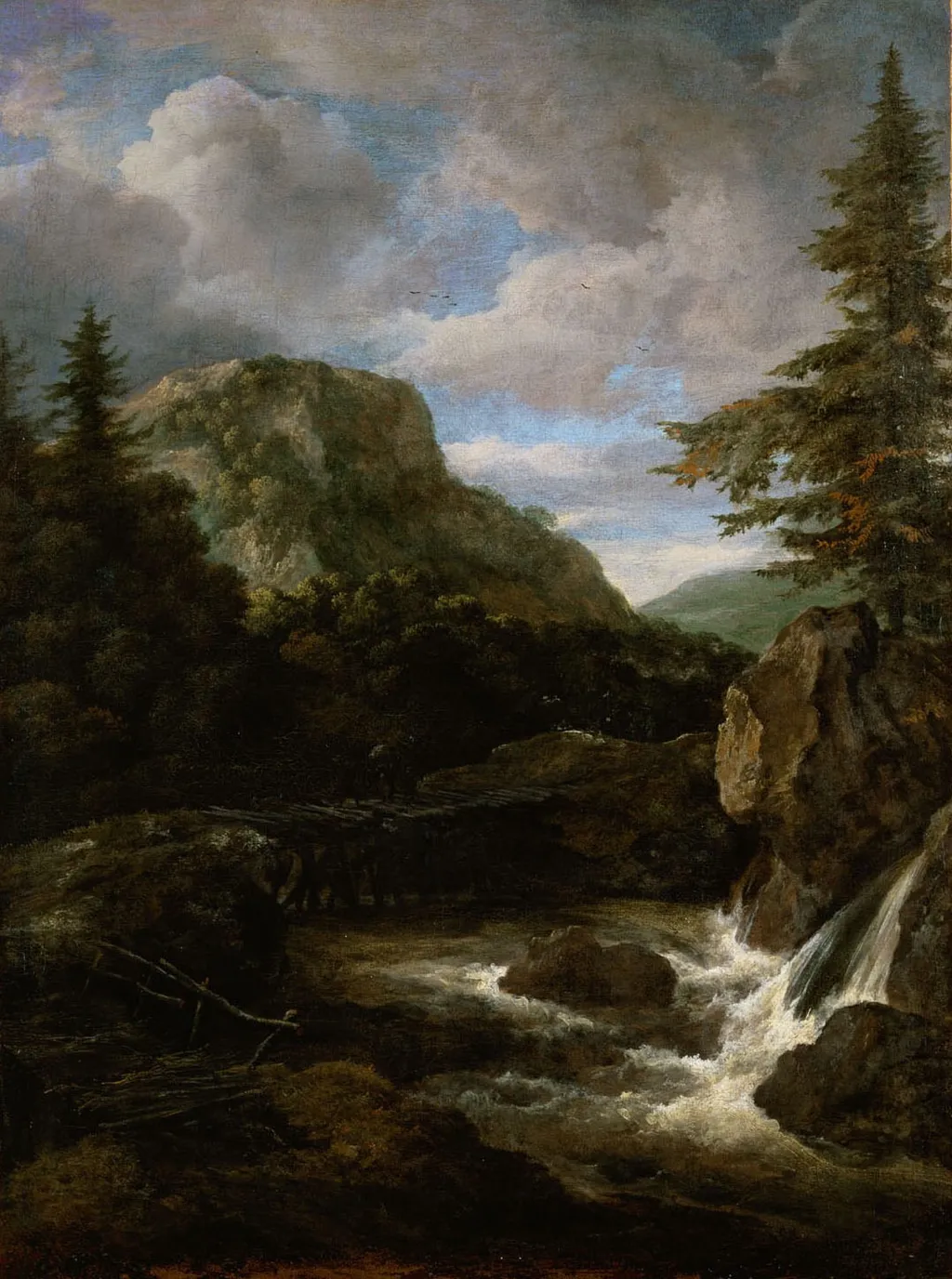 Mountain Landscape with Waterfall, by Jacob van Ruisdael, oil, 1670