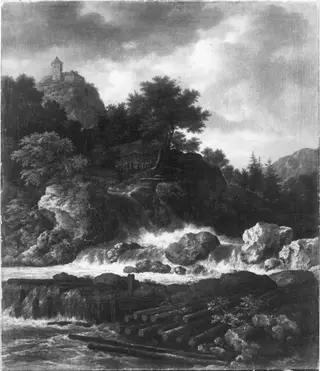 Scandinavian landscape with waterfall, by Jacob van Ruisdael, 1665