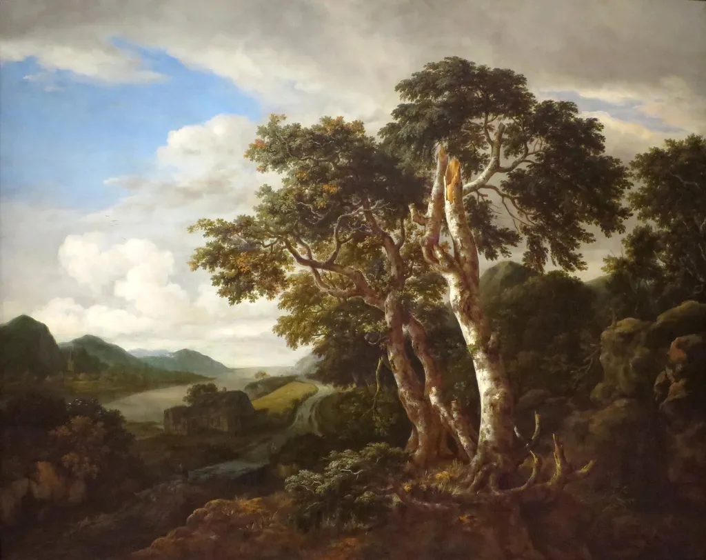 Three Great Trees in a Mountainous Landscape with a River, by Jacob van Ruisdael, oil, 1660