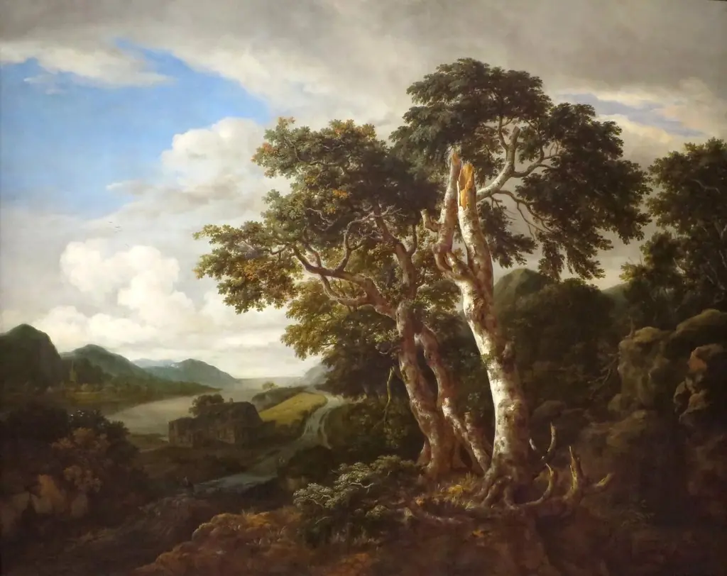 Three Great Trees in a Mountainous Landscape with a River, by Jacob van Ruisdael