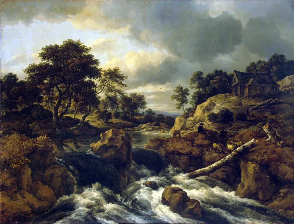 Waterfall in a hilly landscape, by Jacob van Ruisdael, oil, 1660