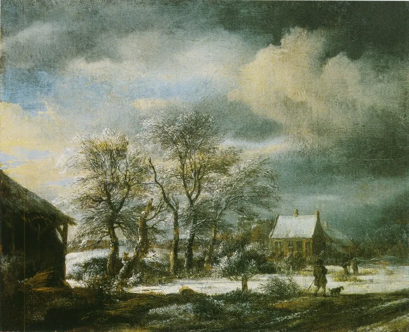 Winter landscape with a snow covered tree group, by Jacob van Ruisdael, oil, 1670