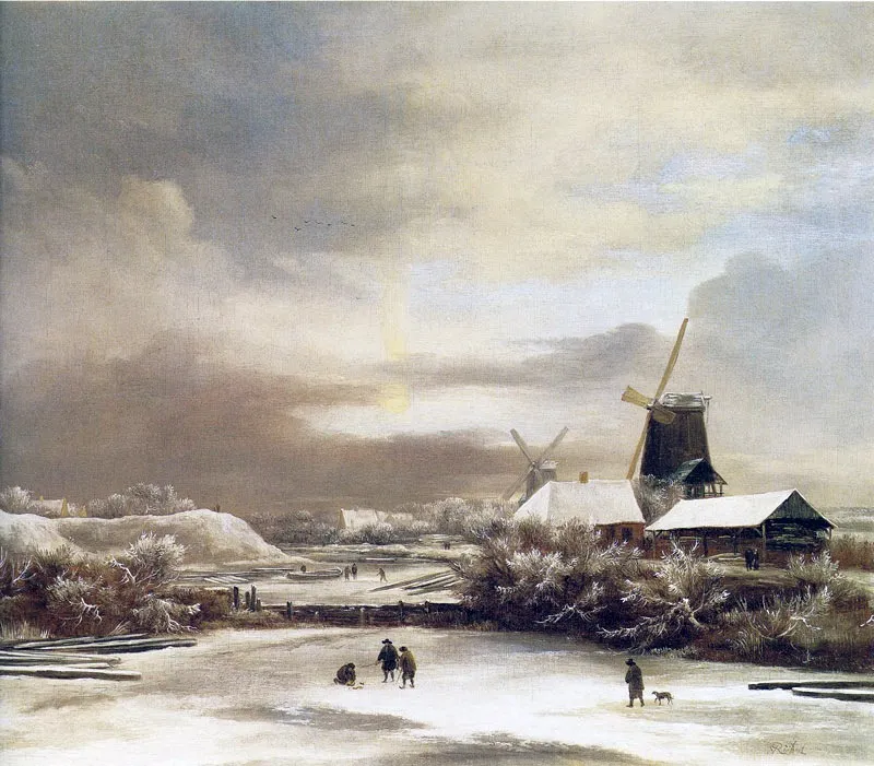 Winter Landscape with Two Windmills, by Jacob van Ruisdael, oil, 1670
