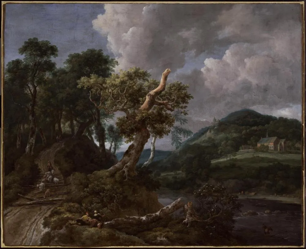 Wooded Landscape with Shepherd and Flock by a River, by Jacob van Ruisdael, oil, 1650
