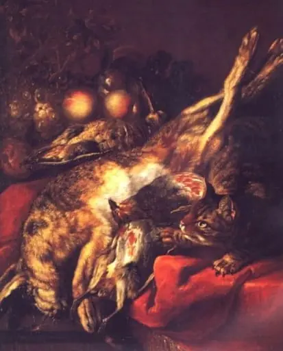 Natură moartă cu pisică; pandant: Natură moartă cu postament de piatră, by Jacob van Schuppen