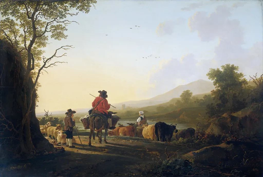 Landscape with Cattle Driver and Shepherd, by Jacob van Strij, oil, 1807