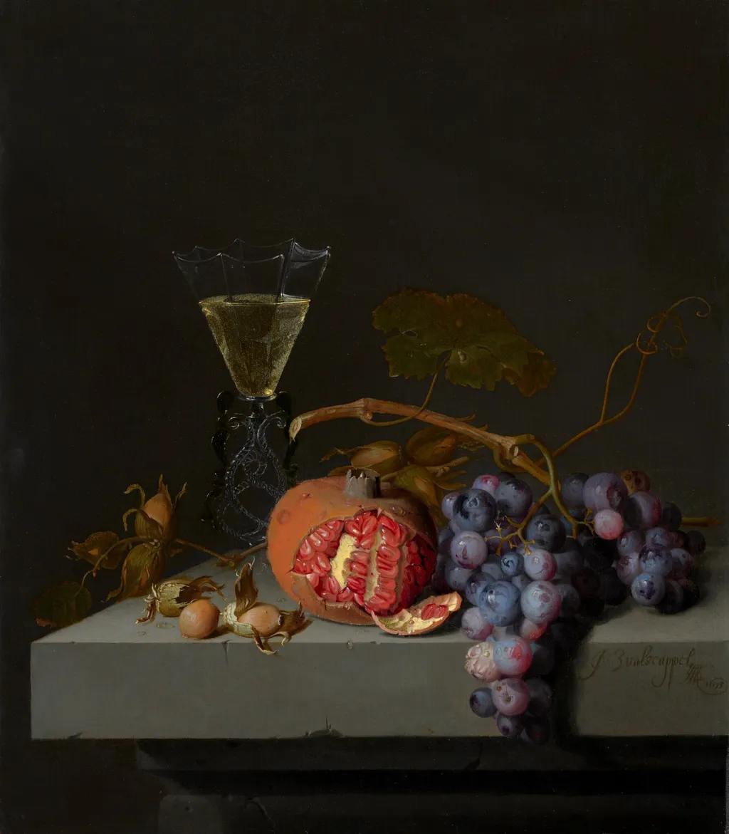 Still Life with Fruit, by Jacob van Walscapelle, oil, 1675