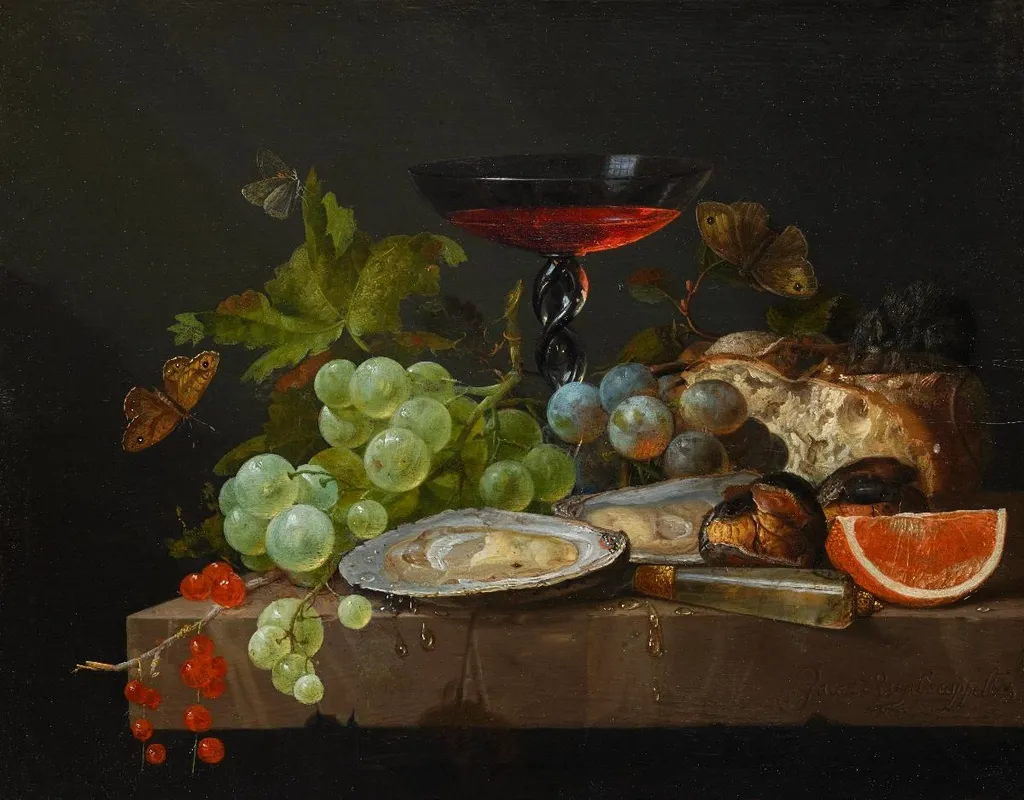 Stillleben mit Früchten, Brot, Austern, by Jacob van Walscapelle, oil