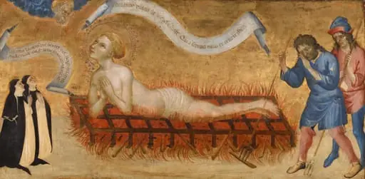 Het martelaarschap van Sint-Laurentius, met twee benedictinessen, by Jacobello del Fiore