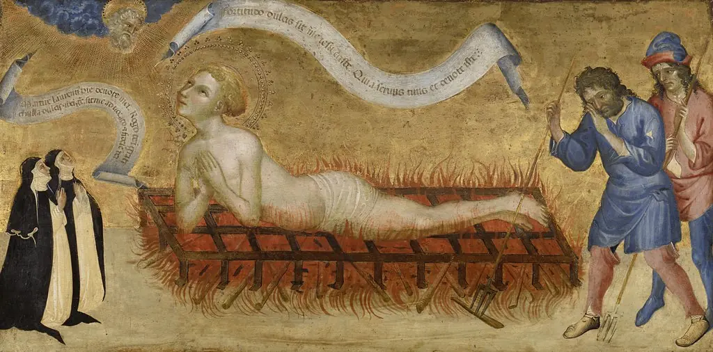 Martyrdom of Saint Lawrence, with Two Benedictine Nuns, by Jacobello del Fiore, 1425