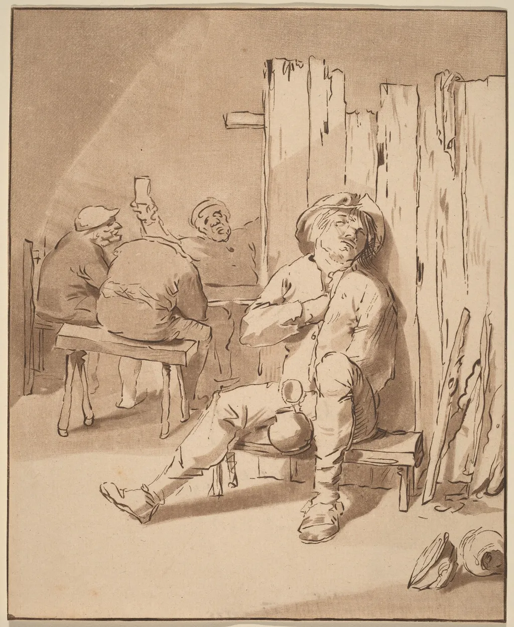 Drunken Peasant at an Inn, by Jacobus Buys, ink, 1775