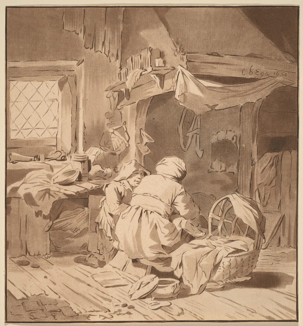 Interior of a Peasant House with Two Women, by Jacobus Buys, ink, 1772