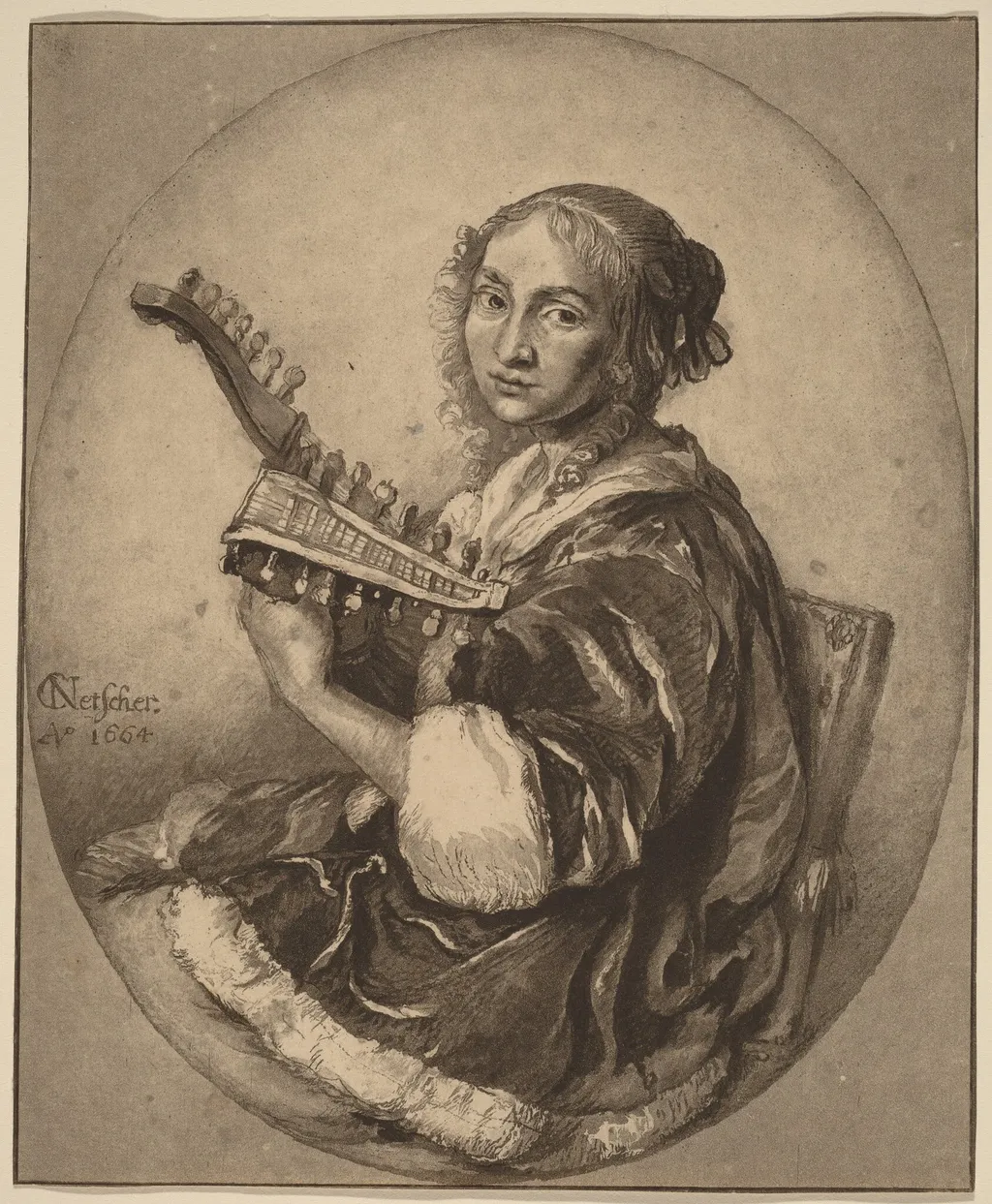 Lady with Double-Headed Lute, by Jacobus Buys, ink, 1781