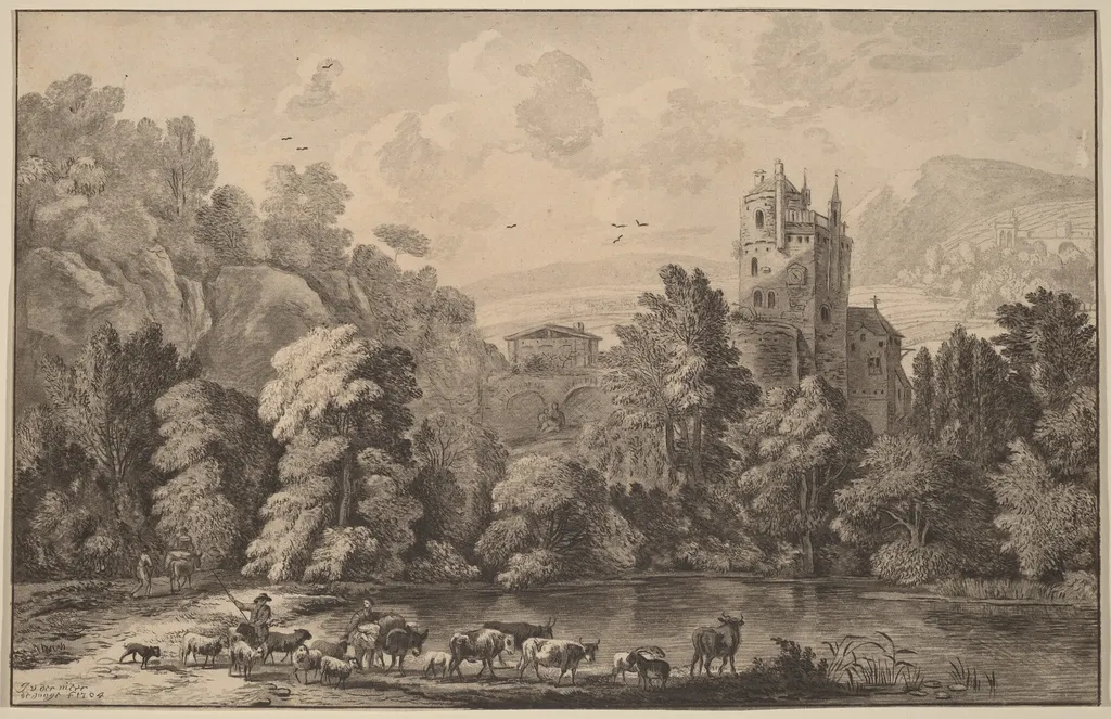 Valley with an Aged Castle, by Jacobus Buys, chalk, 1784