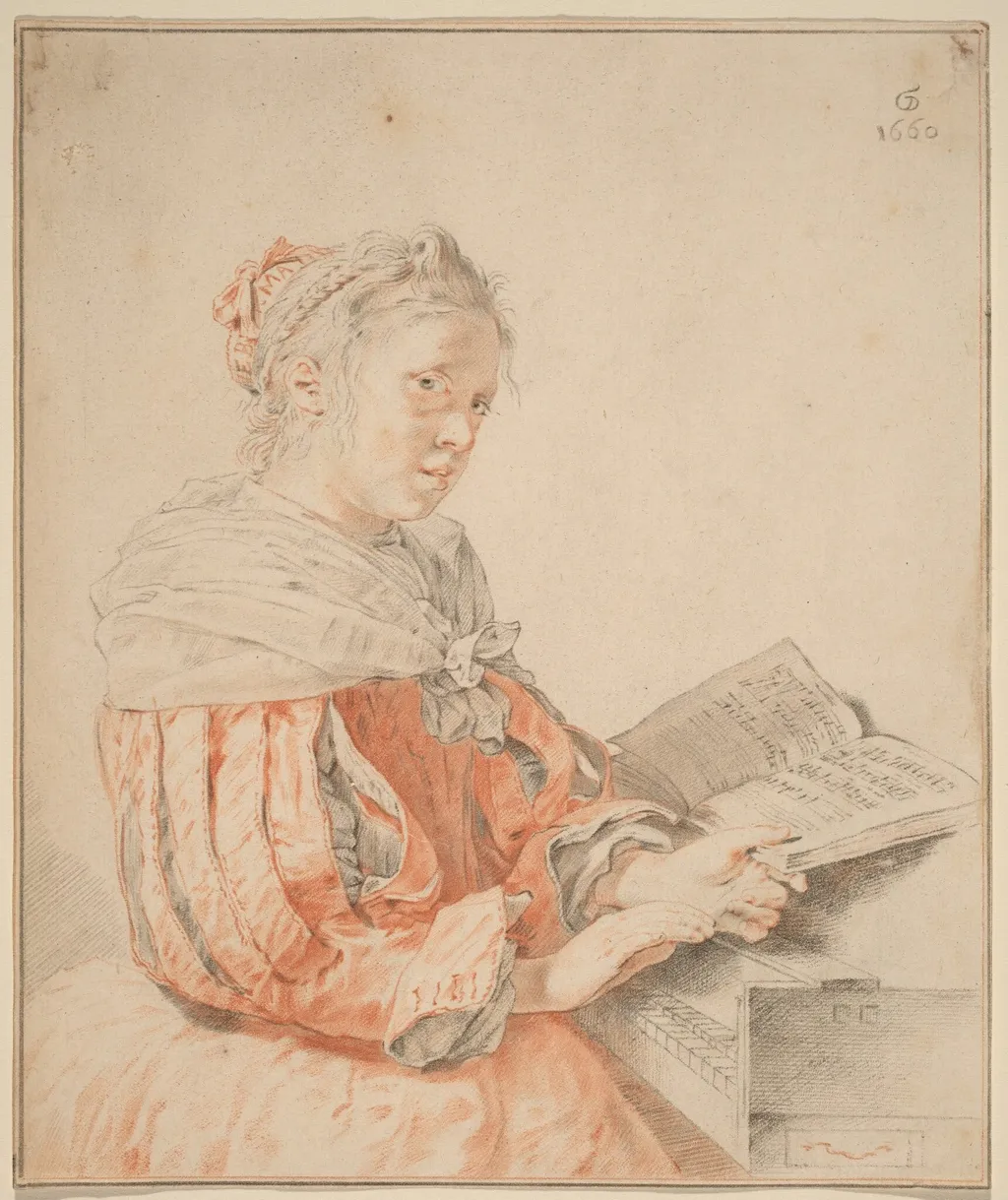 Young Girl at the Keyboard, by Jacobus Buys, chalk, 1767