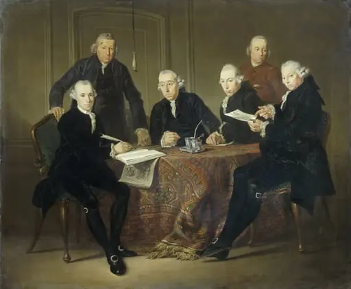 The Four Regents, the Secretary and the House Father of the Lepers' House of Amsterdam, 1773, by Jacobus Luberti Augustini