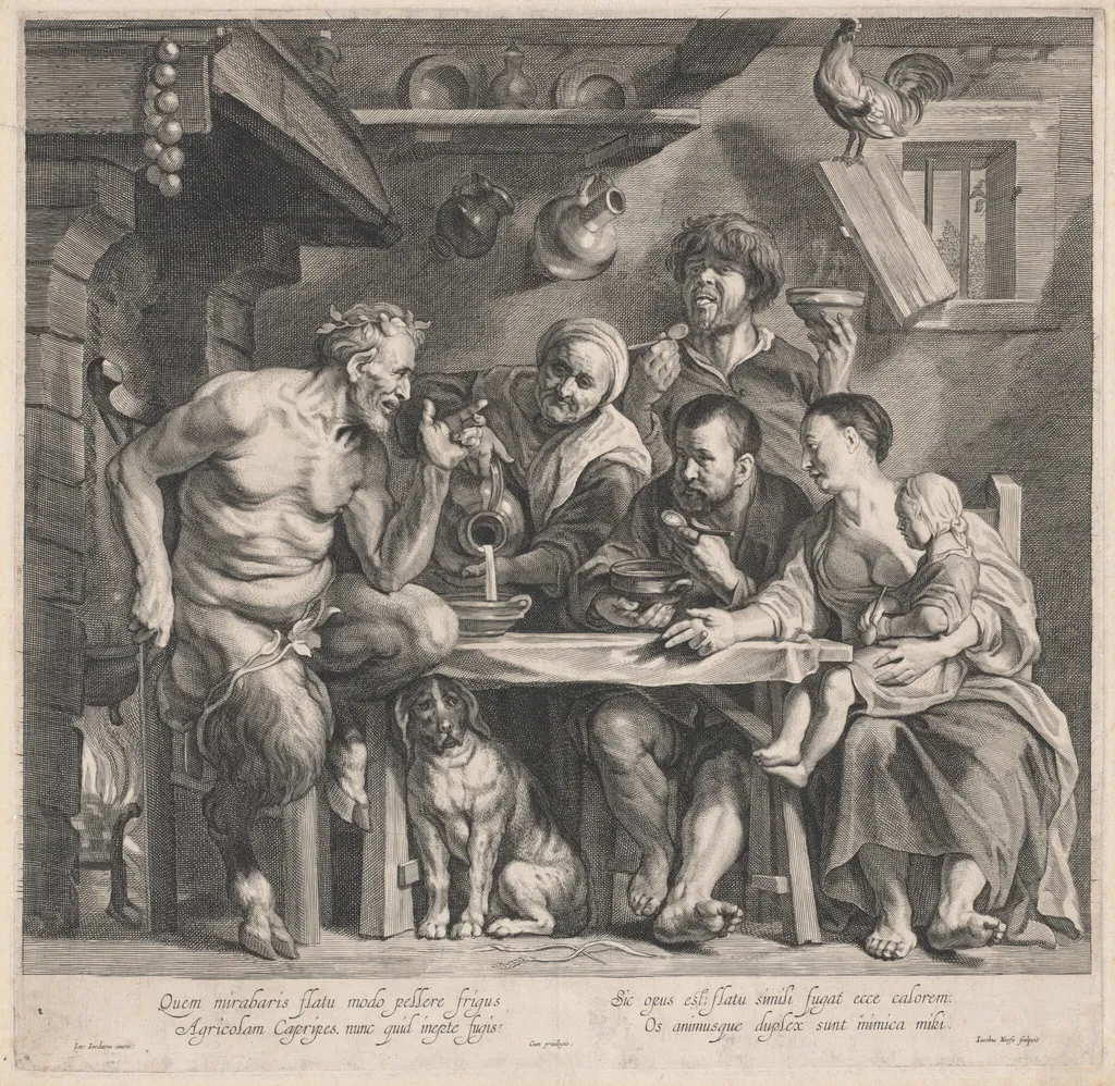A Satyr Visiting a Peasant Family, by Jacobus Neeffs, ink