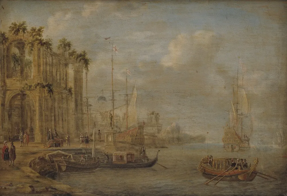 Harbour Scene with Antique Ruins, by Jacobus Storck, oil, 1671
