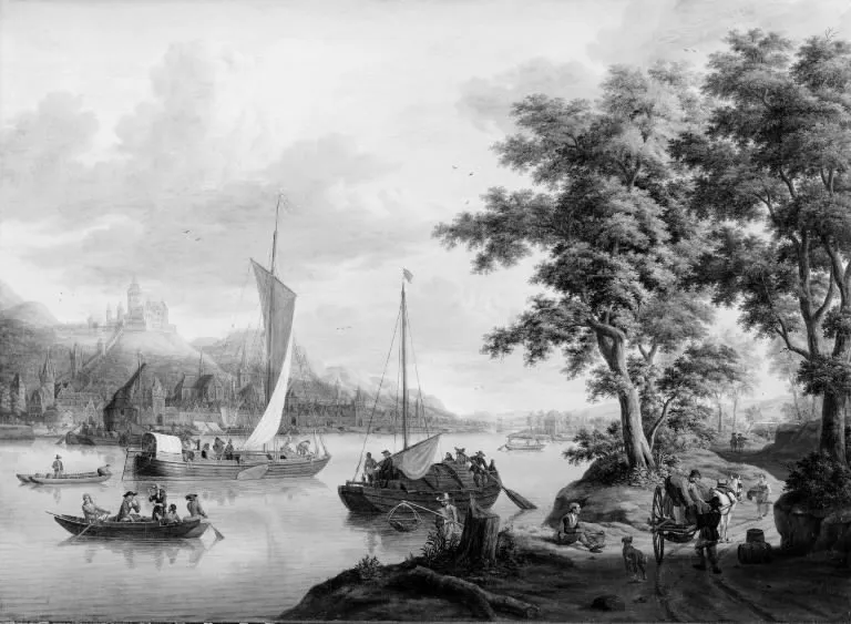 Prospekt fra Rhinen. Udsigt mod Bacharach med Burg Stahleck, by Jacobus Storck, oil