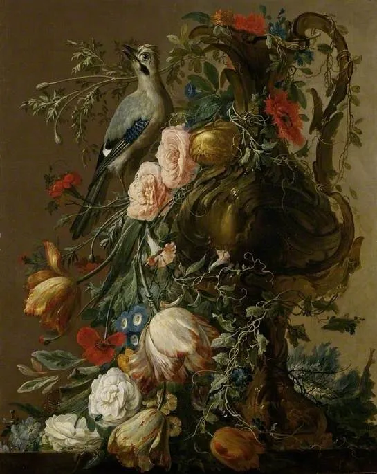 A sculpted stone vase with Roses, Anniula, Poppies, Convolvulus, with a Jay on a ledge, by Jacobus Vonck, oil, 1760