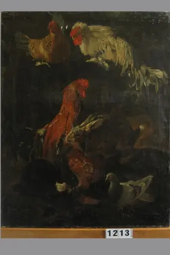 Păsări domestice și doi iepuri (în registrul inventar: Păsări și iepuri de casă), by Jacomo Victors