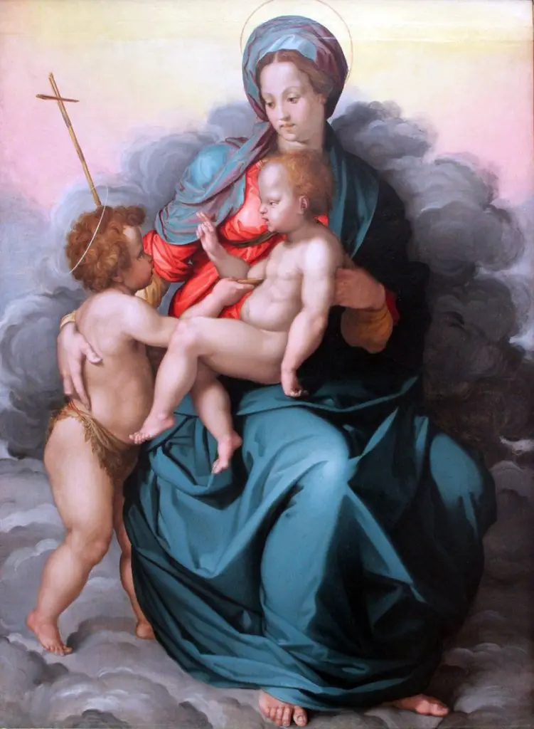 Madonna with Child and Saint John the Baptist on clouds