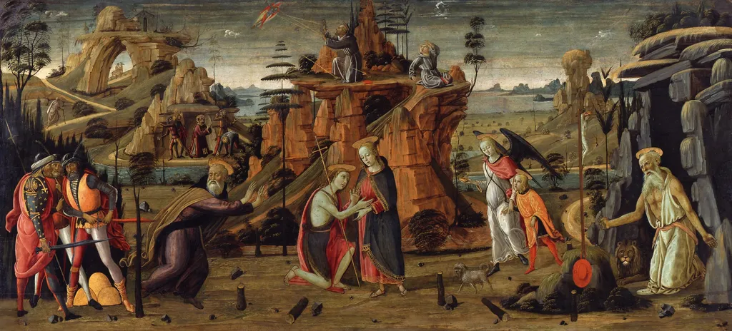 Landscape with biblical scenes and scenes from the legends of saints, by Jacopo da Sellaio, paint, 1496