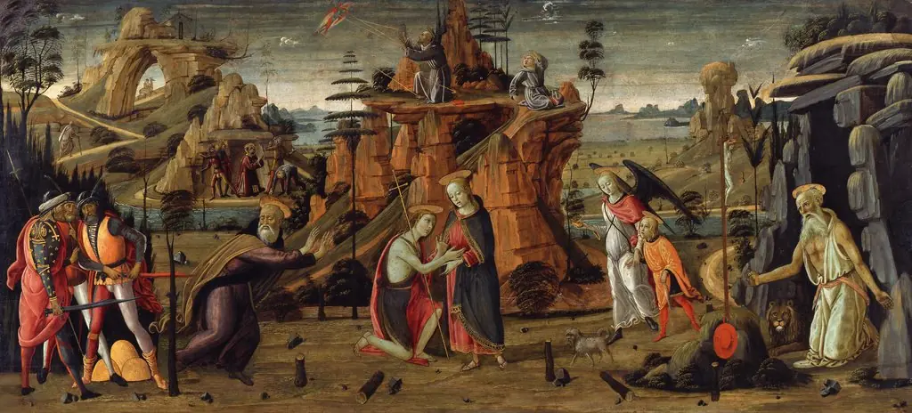 Landscape with biblical scenes and scenes from the legends of saints, by Jacopo da Sellaio