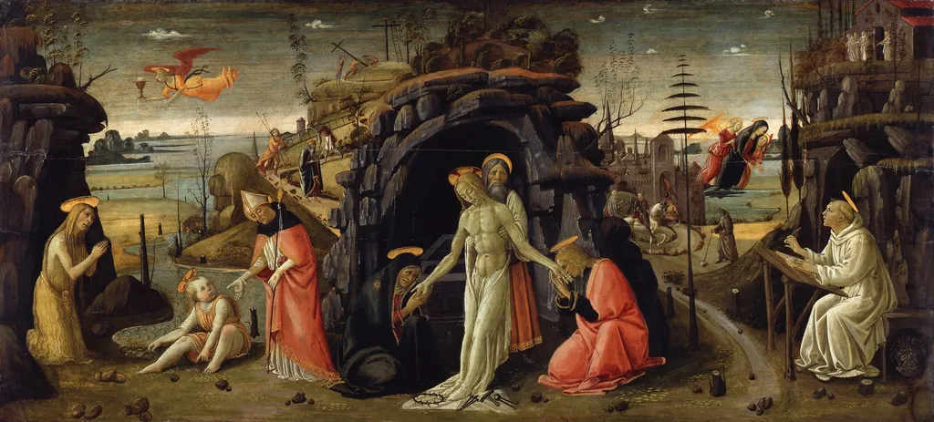 Landscape with biblical scenes and scenes from the legends of saints, by Jacopo da Sellaio, paint