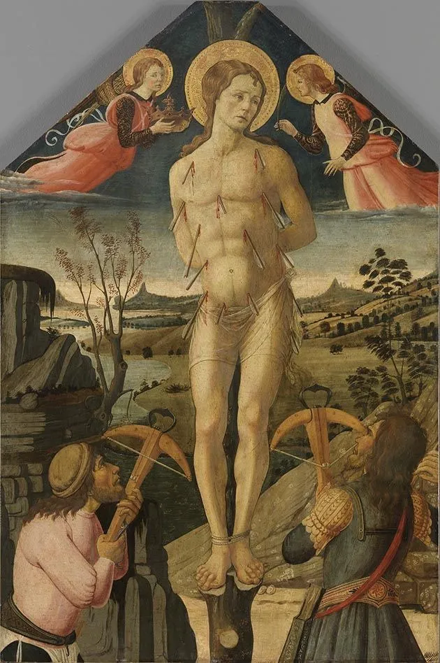 The martyrdom of Saint Sebastian, by Jacopo da Sellaio, oil, 1469