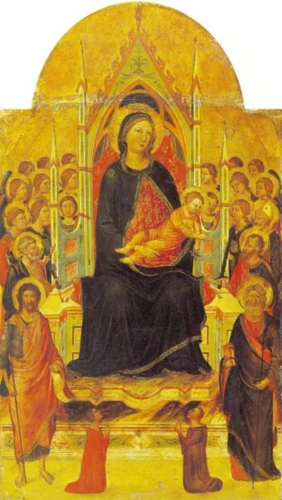Madonna and Child Enthroned with Angels, Saints and Donors, by Jacopo del Casentino, paint, 1335