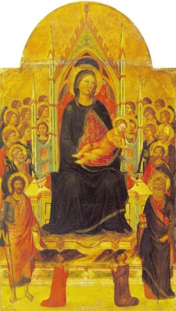Madonna and Child Enthroned with Angels, Saints and Donors, by Jacopo del Casentino