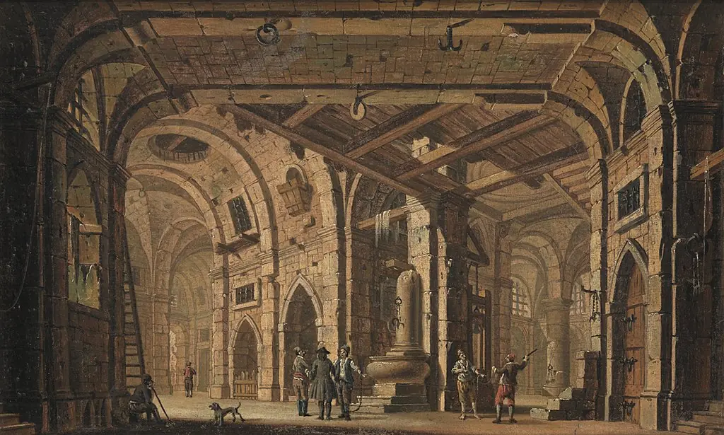 Fængselsdekoration med fanger og fangevogtere, by Jacopo Fabris